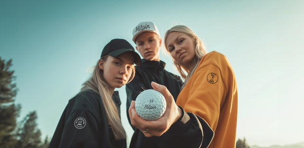 Tre personer står tillsammans och visar upp en Hitpin Pro 59 golfboll